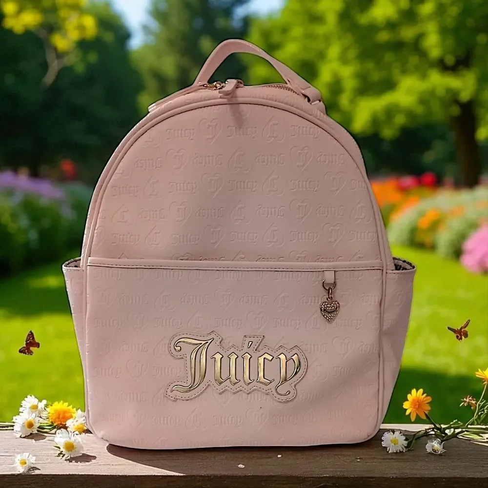 Juicy Couture Pink Faux Leather‎ Backpack Monogram Gold Logo School Travel Bag